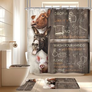 1PC/4PCS-Funny Cow Shower Curtain Set, Waterproof Shower Curtain With 12 Plastic Hooks, Anti-slip Floor Mat, Toilet U-shaped Mat, Cover Mat, Bathroom Rule Farmhouse Animal Donkey Pig Country Wood Board Wildlife Modern Cool Home Bathroom Decor