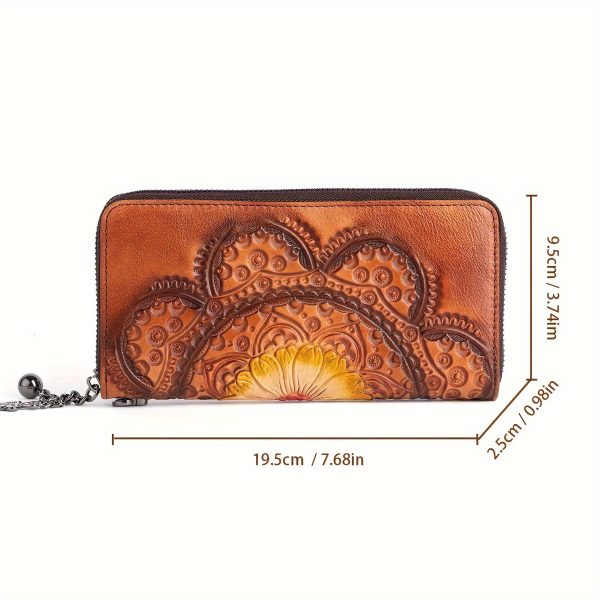 Planted Tanned Leather, Top Layer Cowhide, Genuine Leather, Women's Wallet, Mobile Phone Bag, Hand-held Bag, Embossed, Handmade, Hand-painted, Retro Style, Lightweight, Practical For Travel, Inner Compartment Made Of Top Layer Cowhide - Image 6