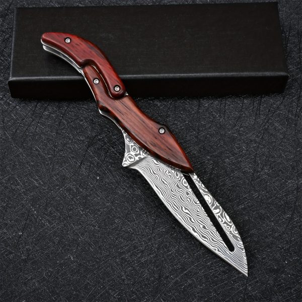 Damascus Steel Pocket Knife - High-Carbon VG10 Blade, Yellow Sandalwood Handle, Mechanical Lock, Outdoor Camping Survival Multitool with Folding Design, Ergonomic Grip, and Durable Construction for Everyday Carry - Image 4