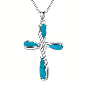 Cross Necklace For Women Turquoise Western Bohemia Sterling Silver 20 Inches Boho Jewelry Vintage Gemstone Teardrop Pendant Birthday Valentines Gift