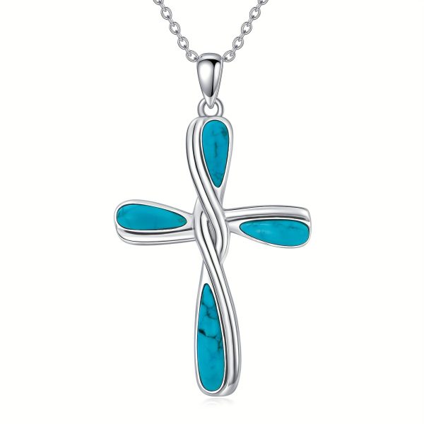 Cross Necklace For Women Turquoise Western Bohemia Sterling Silver 20 Inches Boho Jewelry Vintage Gemstone Teardrop Pendant Birthday Valentines Gift