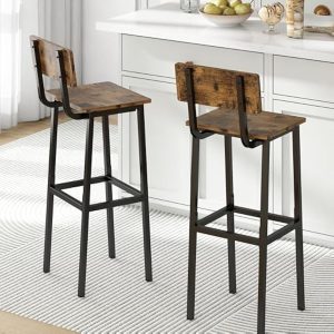 Set of 2 Bar Stools Tall Backrest Footrest Industrial Style Counter Height Rustic Brown Dining Room Kitchen Bar Chairs