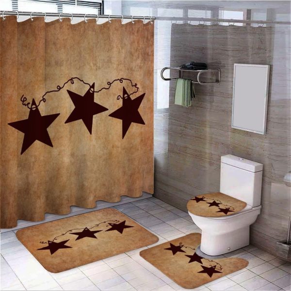 [4pcs Western Country Bathroom Set] 4pcs Vintage Country Style Iron Star Bathroom Accessory Set, Water-Resistant Polyester, Cartoon Pattern, Unlined, with Grommet Top, for All-Season Use, Fashion Theme, Texas Star Design - Image 2