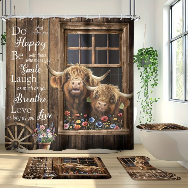1pc/4pcs - Rural Highland Cow Shower Curtain Set, Including Waterproof Shower Curtain with 12 Plastic Hooks, Bathroom Non-slip Floor Mat, Toilet U-shaped Mat, Cover Mat, Fun Western Barn Door Inspirational Quotes Farmhouse Animal Bull Modern Bedroom Cool - Image 2