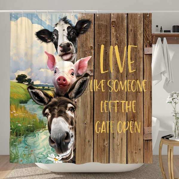 1pc Farmhouse-Style Animal Bath Curtain with Inspirational Quote, Durable Polyester Fabric, Machine Washable, Vintage Wooden Board Design with Cows, Donkeys, Pigs, Includes Grommet Hooks for Easy Hanging - All Season Bathroom Decor - Image 3