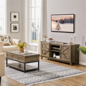 Costoffs Farmhouse TV Stand for TVs up to 65in, Entertainment Center with Storage Cabinet & Double Barn Doors for Living Room