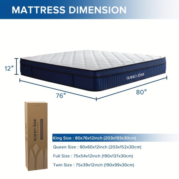 12 Inch Hybrid Mattress In A Box, QUEEN ROSE Mattress, Twin/ Full/ Queen/ King Pillow Top With Individual Pocket Spring For Motion Isolation And Silent Sleep, Medium Soft - Image 3