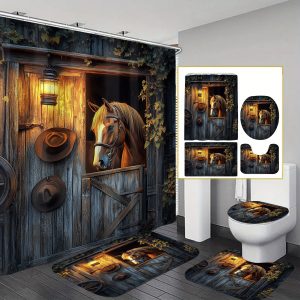 Rustic Equestrian Stall Horse Graphic Bathroom Set, Water-Resistant Non-Woven Polyester Artistic Bath Ensemble with 12 Hooks - Machine Washable, Artsy Animal Theme Home & Hotel Decor, 1pc/4pcs