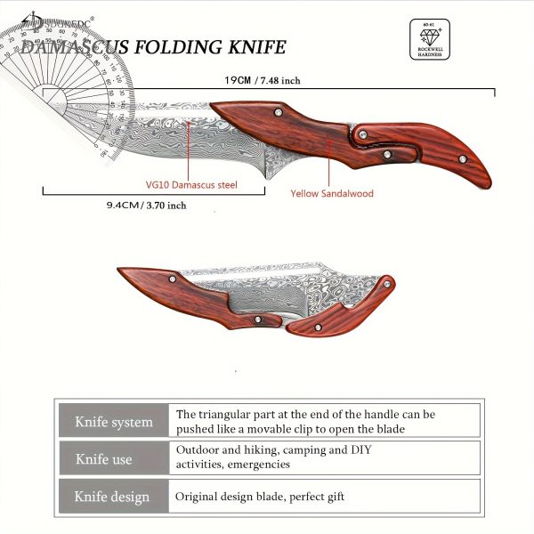 Damascus Steel Pocket Knife - High-Carbon VG10 Blade, Yellow Sandalwood Handle, Mechanical Lock, Outdoor Camping Survival Multitool with Folding Design, Ergonomic Grip, and Durable Construction for Everyday Carry - Image 2
