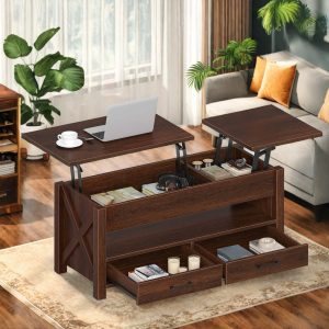 Coffee Table, 47.2" Lift Top Coffee Table with 2 Storage Drawers and Hidden Compartment, X Wood Farmhouse Support, Retro Center Table with Lift Tabletop for Living Room