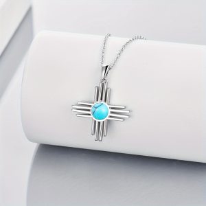 Zia Sun Symbol 925 Sterling Silver Necklace Exquisite Ladies Turquoise/Moonstone Pendant Jewelry For Women New Mexico Necklace For Mother's Day Christmas Birthday Gifts