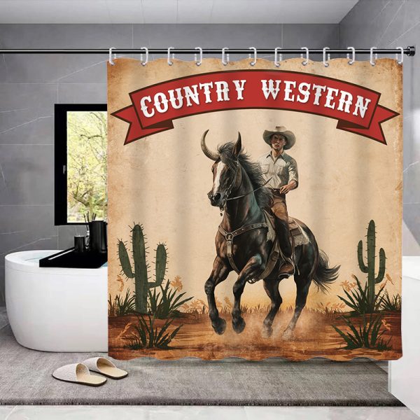 1pc/4pcs Western Cowboy Waterproof Bathroom Decor Set, Polyester Woven Fabric, Fashionable Country Western Theme, Washable, with Non-Slip Rug, Toilet Cover, and 12 Hooks - Image 8