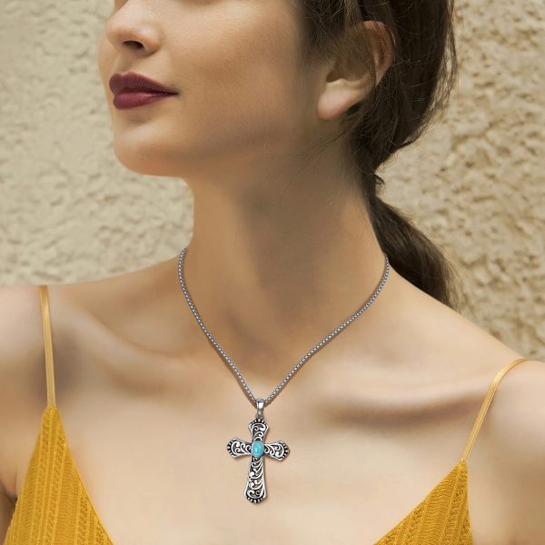 Bohemian Vintage Turquoise Cross Pendant Necklace for Women, 925 Sterling Silver with Vine Pattern, Gift Jewelry, Includes 18"+2" Stainless Steel Box Chain, Necklace - Image 3