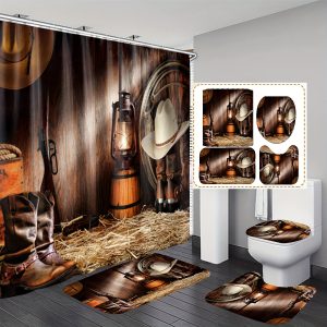 Western Cowboy Themed Bathroom Set with Water-Resistant Polyester Bath Drapes, Machine Washable, Includes Grommets, Knit Weave, Suitable for All Seasons - Arts-inspired Decor with Non-Animal Patterns (4-Piece Set)