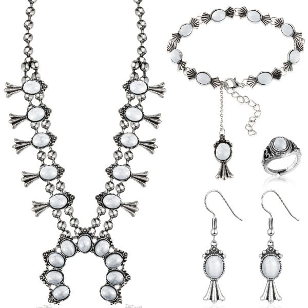 4pcs Turquoise Squash Blossom Jewelry Set for Women Vintage Western Necklace Earrings Wrist Chain Ring - Image 2
