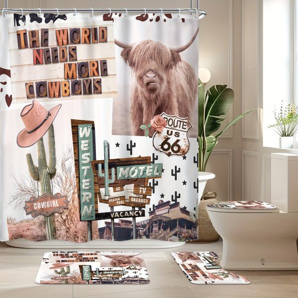 1/4 PPcs - Boho Western Shower Curtain Set, Country Farmhouse Fun Longhorn Bull Farm Cactus Animals 12 Hooks Waterproof Shower Curtain, Non-slip Bathroom Floor Mat, Toilet U-Shaped Mat, Cover Mat, Home Decor Gift - Image 2