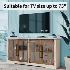 75" TVs Compatible 63" Farmhouse TV Stand And Modern Buffet Sideboard Cabinet With Ample Storage, Adjustable Shelf, And 4 Glass Doors