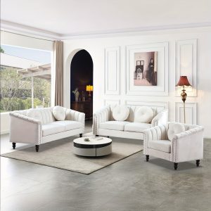 [The Yard]Chesterfield Sofa Set, Luxurious Flannel Upholstered Couch Set With Rolled Arms And Rivet Trim, 3-Piece Living Room Furniture Set Including Sofa, Loveseat, And Armchair, Button Tufted Cushions, Modern Classic Style Sofa For Home Or Office