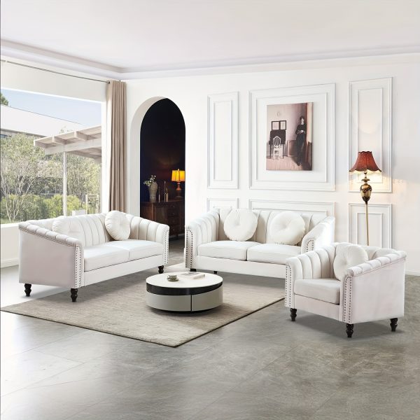 [The Yard]Chesterfield Sofa Set, Luxurious Flannel Upholstered Couch Set With Rolled Arms And Rivet Trim, 3-Piece Living Room Furniture Set Including Sofa, Loveseat, And Armchair, Button Tufted Cushions, Modern Classic Style Sofa For Home Or Office