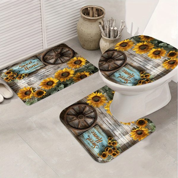 1/4pcs Country Sunflower Pattern Shower Curtain Set, Farmhouse Wagon Wheel And Sunflower with Wood Wall Background Brown Shower Curtain for Christmas Bathroom Shower Decoration with 12 Hooks Non-Slip Bath Mat U Shape Toilet Seat Cover Mat - Image 3