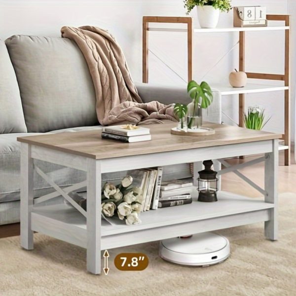 YINTATECH 2- Tier Wood Coffee Table with Open Storage, Farmhouse Accent Cocktail Center Table for Home Office, Brown and White - Image 2