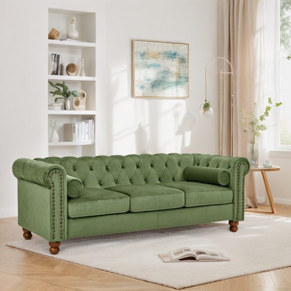 Classic Green Velvet Chesterfield Sofa with Scroll Arms, Nailhead Trim & Solid Wood Legs - Comfortable Button Tufted Settee for Living Room, Bedroom, Office, or Apartment - Image 9
