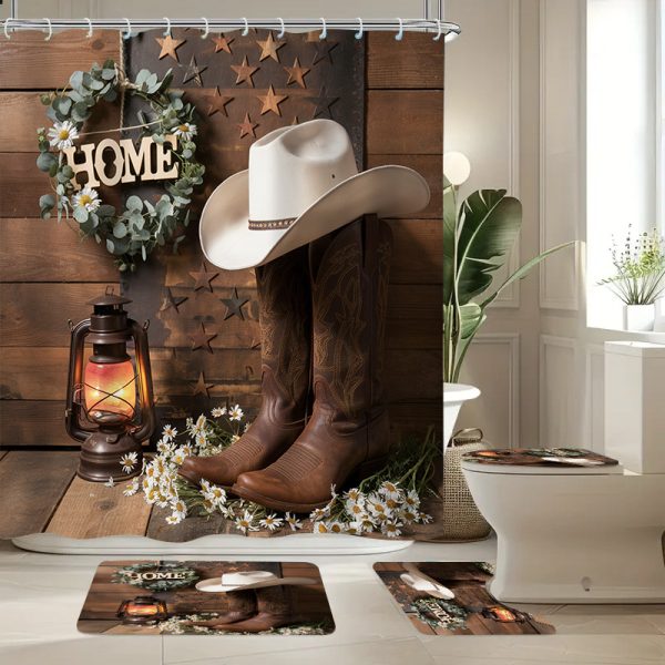 Rustic Cowboy Shower Curtain Set, 1/2/4/6pcs, Waterproof Polyester Bathroom Decor with Non-Slip Bath Mats, Ultra-Soft Towels, Toilet Lid Cover, and 12 Hooks, Fashionable Western Theme, Easy Care - Image 7