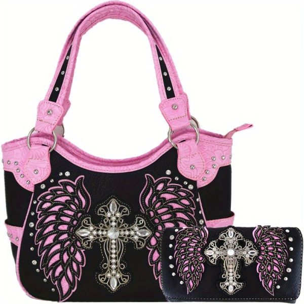 Western Chic Rhinestone Cross & Laser-Cut Wings Embossed Faux Leather Tote with Matching Wallet - Fashionable Shoulder Bag Set for Women - Image 6