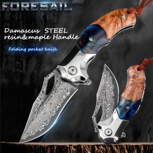 1pc Damascus Steel Folding Pocket Knife.Forge VG10 Steel Core Blade.wiht Leather Sheath.Suitable for EDC Outdoor Camping