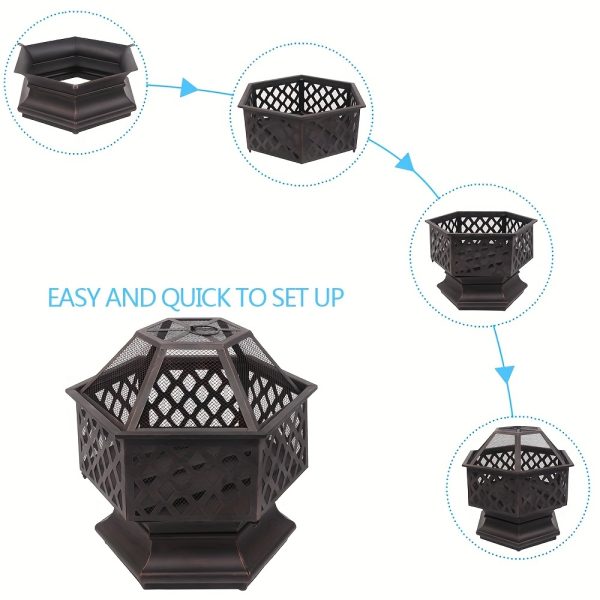 1pc 22in Small Hexagonal Charcoal Fire Pit Iron Black - Image 8
