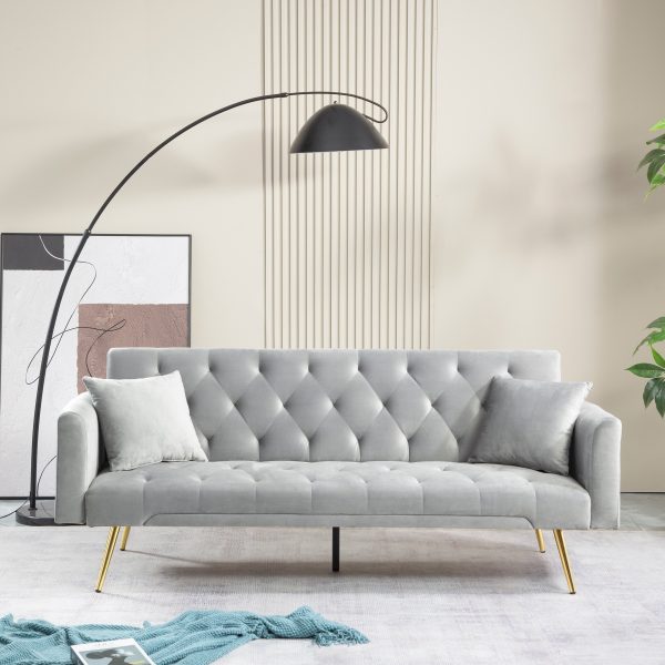 Elegant 71.65'' Foldable Velvet Sofa Bed with Metal Leg Straps, 2 Square Pillows, Line Design, Space-Saving, 5 Colors to Choose from, 1pc - Image 9