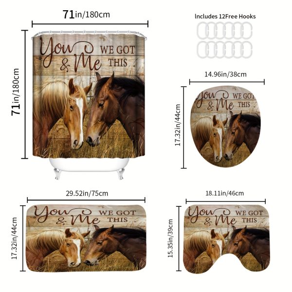 1pc/4pcs Horse Shower Curtain Set, Horse Facing Off Wood Backdrop Side with Inspirational Quotes Western Wild Animals Horse Print Pattern Shower Curtain, Non Slip Bath Mat Toilet Floor Mat, Farm Animal, 12 Plastic Hooks, 71x71in - Image 4