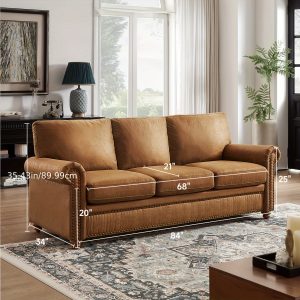 84" Faux Leather Couch, Mid-Century Modern Couch W/Brass Nailhead Trim, 3 Seater Sofa Couch W/Rolled Arm, Pocket Spring Cushions, Gourd Feet, Couch Leather Sofas for Living Room