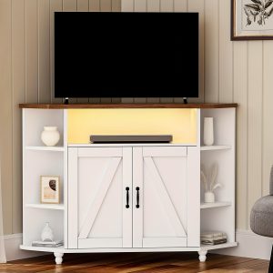 Corner TV Stand For 55 Inch With LED Lights, Farmhouse Corner TV Cabinet With Adjustable Shelves, Corner Entertainment Center With Barn Doors For Living Room, Locker, White Rustic Oak Grey Brown