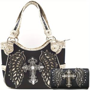 Western Chic Rhinestone Cross & Laser-Cut Wings Embossed Faux Leather Tote with Matching Wallet - Fashionable Shoulder Bag Set for Women