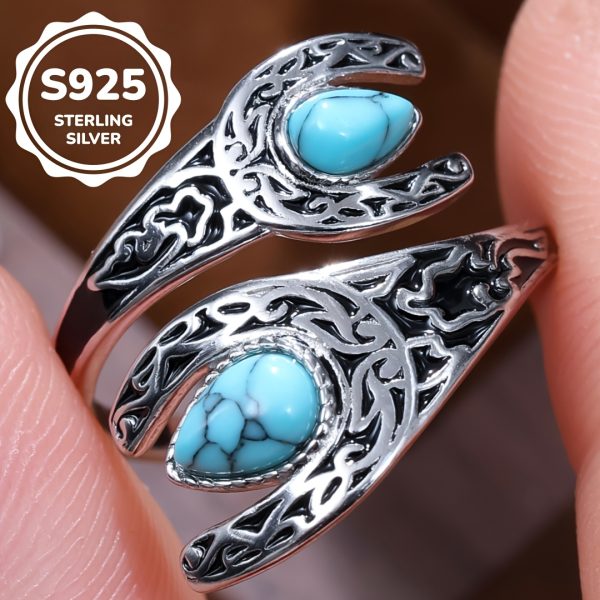 2.8 Grams Of S925 Sterling Silver Retro Old Bohemian Style Green Turquoise Carved Black Ring For Ladies