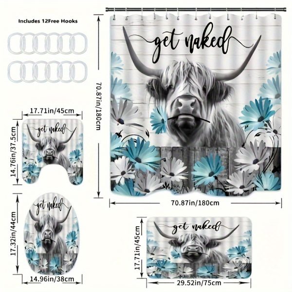 Highland Cow Shower Curtain Set with Hooks, Water-Resistant Polyester Cartoon Animal Farmhouse Bathroom Decor, Gray Daisy Country Rustic Wooden Fence Get Naked Quote, All-Season Knit Fabric Curtain with Cattle Theme, 4-Piece Bundle Including Hook and Mat - Image 3