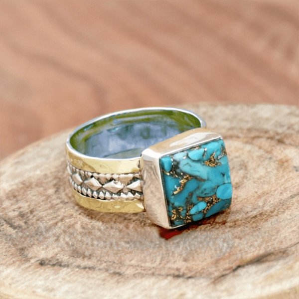 Vintage-Inspired Blue Copper Square Turquoise Statement Ring - Handcrafted Bohemian Wedding Band - Unique Gift for Women, Fashion Jewelry with Imitation Turquoise Stone, Copper Plated, Adjustable Size - Image 3