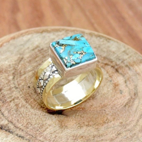 Vintage-Inspired Blue Copper Square Turquoise Statement Ring - Handcrafted Bohemian Wedding Band - Unique Gift for Women, Fashion Jewelry with Imitation Turquoise Stone, Copper Plated, Adjustable Size - Image 6