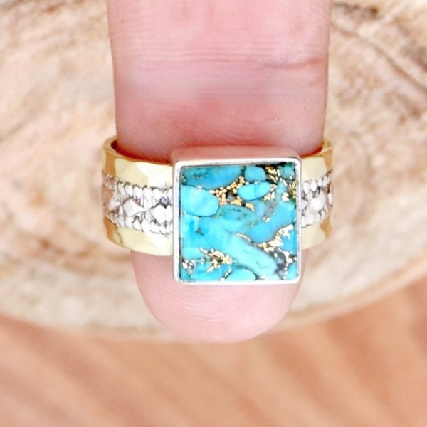 Vintage-Inspired Blue Copper Square Turquoise Statement Ring - Handcrafted Bohemian Wedding Band - Unique Gift for Women, Fashion Jewelry with Imitation Turquoise Stone, Copper Plated, Adjustable Size - Image 5