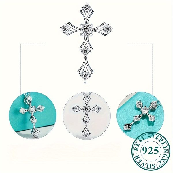 Elegant 1ct Moissanite Cross Pendant Necklace in 925 Sterling Silver - Luxurious Floral Motif Design, Ideal for Weddings & Anniversaries, Gift for Women, Silver, Jewelry, Elegant Style, Luxury Style - Image 3