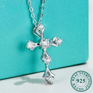 Elegant 1ct Moissanite Cross Pendant Necklace in 925 Sterling Silver - Luxurious Floral Motif Design, Ideal for Weddings & Anniversaries, Gift for Women, Silver, Jewelry, Elegant Style, Luxury Style