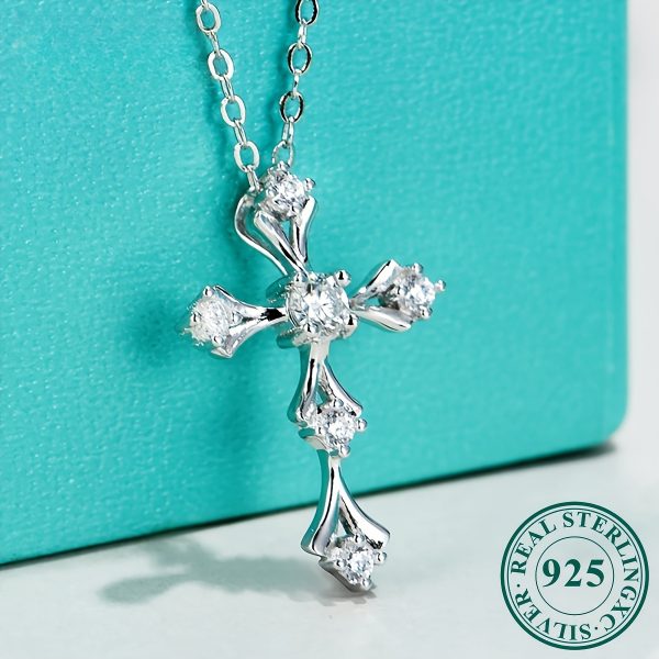 Elegant 1ct Moissanite Cross Pendant Necklace in 925 Sterling Silver - Luxurious Floral Motif Design, Ideal for Weddings & Anniversaries, Gift for Women, Silver, Jewelry, Elegant Style, Luxury Style
