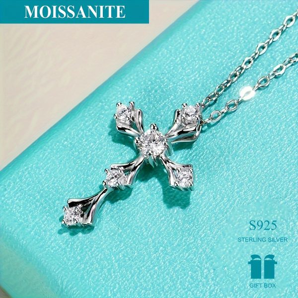 Elegant 1ct Moissanite Cross Pendant Necklace in 925 Sterling Silver - Luxurious Floral Motif Design, Ideal for Weddings & Anniversaries, Gift for Women, Silver, Jewelry, Elegant Style, Luxury Style - Image 2