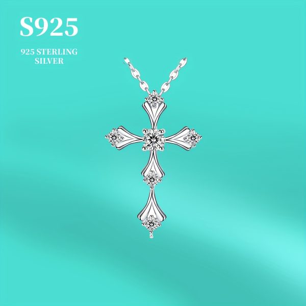 Elegant 1ct Moissanite Cross Pendant Necklace in 925 Sterling Silver - Luxurious Floral Motif Design, Ideal for Weddings & Anniversaries, Gift for Women, Silver, Jewelry, Elegant Style, Luxury Style - Image 5