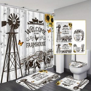 1pcs/4pcs Farm Sunflowers and Cows Shower Curtain Gift Modern Home Bathroom Decoration Curtain and Toilet Floor Mat 3-piece Set with 12 Shower Curtain Hooks