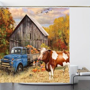 4pcs Farmhouse Style Cottage Print Bathroom Shower Curtain Set, With 12 Hooks, Anti-Slip Mats, And Toilet Lid Cover, Modern Home Decor