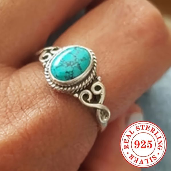 1 Lady Fashion Personality Ring 2.8g 925 Sterling Silver Bohemian Synthetic Turquoise Ring Ladies Men's Casual Vacation Vintage Ring Jewelry (Stone Pattern Random) - Image 2