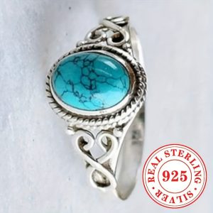 1 Lady Fashion Personality Ring 2.8g 925 Sterling Silver Bohemian Synthetic Turquoise Ring Ladies Men's Casual Vacation Vintage Ring Jewelry (Stone Pattern Random)