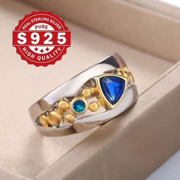 Vintage Nautical Style 925 Sterling Silver Ring with Synthetic Blue Sapphire and Turquoise Gems, 5g Pure Silver Plated, Ideal for Wedding and Party Jewelry, All Seasons Compatible, Perfect for Valentine's Day Gift - Image 4